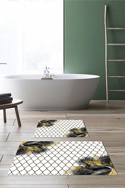 Viyana Home Digital Non-Slip Washable Flower Pattern Bath Mat 2-Piece Toilet Set Carpet, Toilet-132-Gold,
