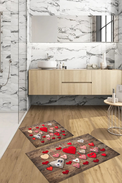 Viyana Home Digital Printed 3D Non-Slip Washable Bath Mat 2-Piece Toilet Set Carpet