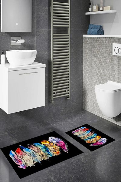 Viyana Home Covoraș de baie floral lavabil, antiderapant, set de 2 covoare pentru toaletă, WC-128-BLACK,