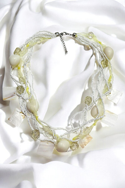 PETEK AKSESUAR Square Pearl Stone Acrylic Glass Bead Multi Tule Necklace