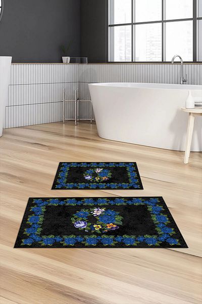 Viyana Home Covoraș de baie lavabil cu bază anti-alunecare imprimată digital Set de 2 covoare pentru toaletă, KLOZET-148-BLUE,