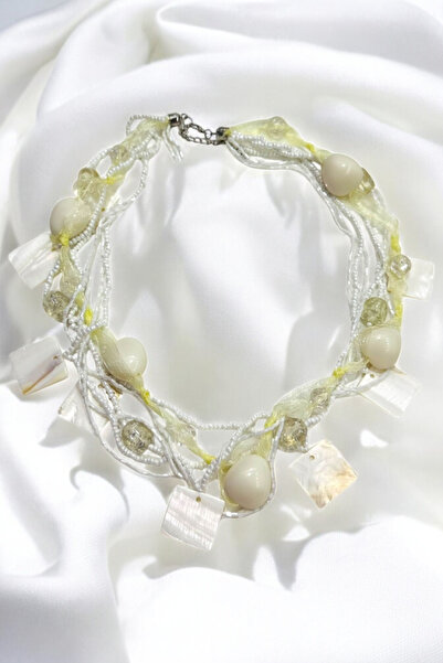 PETEK AKSESUAR Square Pearl Stone Acrylic Glass Bead Multi Tule Necklace