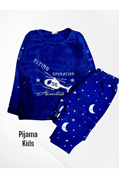 Pijamakids Set de pijamale pentru băieți, cu model de elicopter albastru și tematică de noapte, cu mâneci lungi, din lână de iarnă, foarte moale