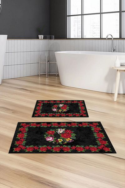 Viyana Home Covoraș de baie lavabil cu bază anti-alunecare imprimată digital Set de 2 covoare pentru toaletă, KLOZET-148-RED,