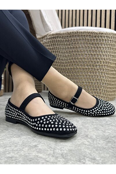 Nstil Daily Women's Black Ballerinas Adjustable Buckle Single Band Short Heel Blunt Toe Silver Stone Shoes 287