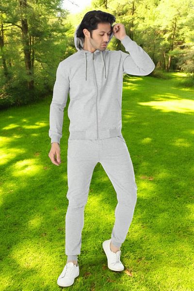 White Velvet Men's Gray Hooded Tracksuit Set