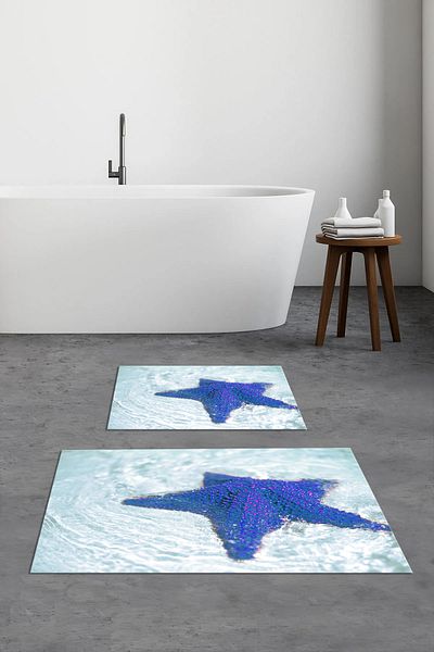 Viyana Home Covoraș de baie lavabil cu bază anti-alunecare imprimată 3D Set de 2 covoare pentru toaletă, WC-112-ALBASTRU,
