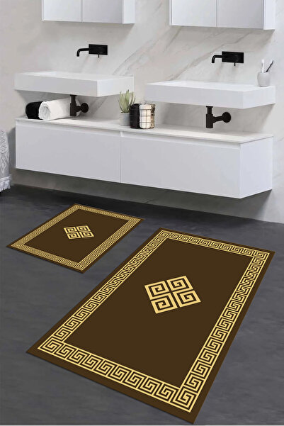 Viyana Home Τυπωμένο αντιολισθητικό πλενόμενο χαλάκι μπάνιου με πλαίσιο, σετ 2 τεμαχίων για τουαλέτα