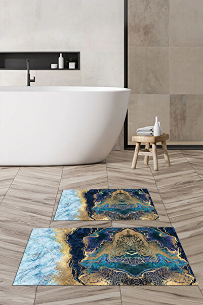Viyana Home Ψηφιακό αντιολισθητικό χαλάκι μπάνιου με μαρμάρινο σχέδιο, σετ 2 τεμαχίων για τουαλέτα