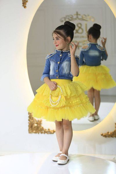 Ribbon kids Детайлно дънково яке, блуза и чанта от 4 части, дантелена пола и верижка за момиче за момиче
