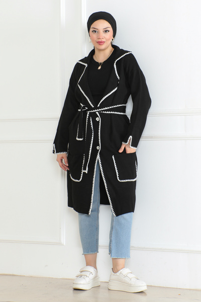 MAY MARA Women's Choban Stitch Detailed Pocket Long Knitting Cardigan