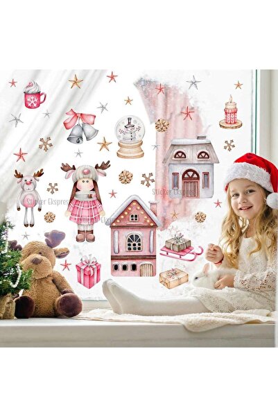 Sticker Ekspres Snowy Houses Girl Deer And Winter Figures Christmas New Year ...