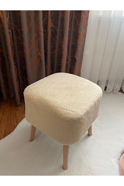 Bounteous Kare Kesim Ahşap Ayaklı Teddy Kumaş Dekoratif Ekru Renk Puf