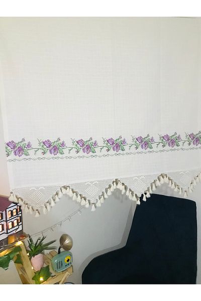 Buldan Tekstil Автентична бохемска завеса с кръстат бродерия в лилаво Булдан