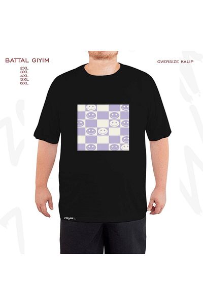 ZOKAWEAR Oversize Lilac Smiley Check Vintage εμπριμέ μαύρο μπλουζάκι με φόρμα μεγάλου μεγέθους