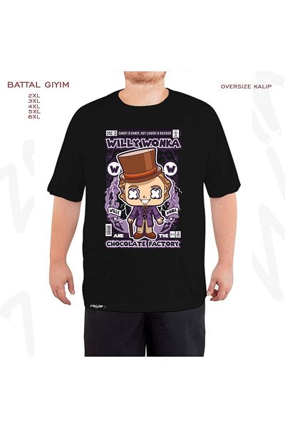 ZOKAWEAR Μαύρο μπλουζάκι μεγάλου μεγέθους Willy Wonka Chocolate Factory Printed Battal (Bol) Mold