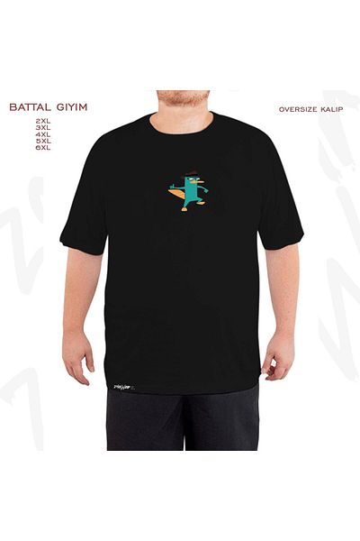 ZOKAWEAR Oversize Perry The Platypus Printed Battal (Bol) Mold Μαύρο T-Shirt
