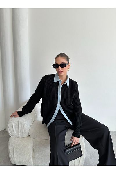 Laluvia Schwarze Jeans-Strickjacke mit Klettverschluss - 231068
