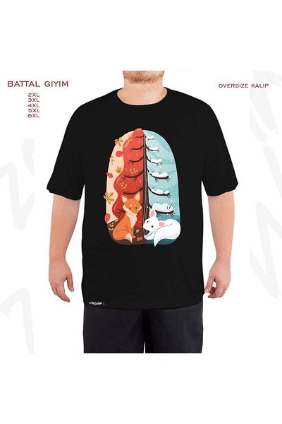 ZOKAWEAR Oversize Seasons Autumn Fox Printed Oversize (Bol) Μαύρο T-Shirt