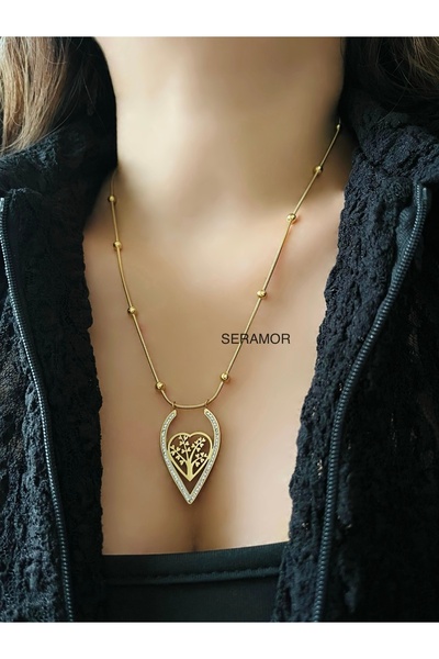 SERAMOR Tarnish-Free Steel Dorika Chain Heart-Rimmed Tree Detail Necklace