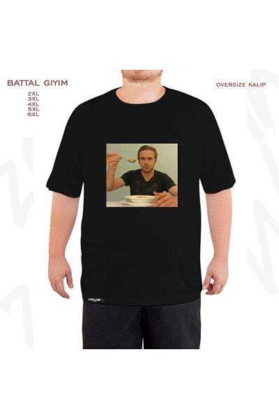 ZOKAWEAR Unisex Oversize Ryan Gosling Eats Feel Cereal Printed Loose Fit Μαύρο T-shirt