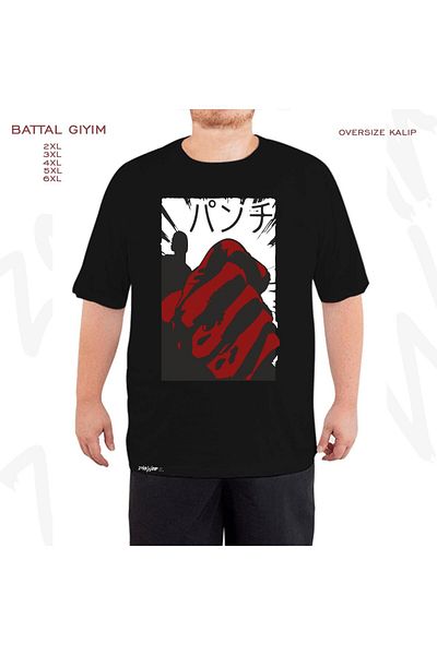 ZOKAWEAR Oversize One Punch Man Saitama Printed Battal (Bol) Mold Μαύρο T-Shirt
