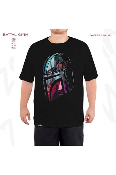 ZOKAWEAR Μαύρο μπλουζάκι μεγάλου μεγέθους Starwars Mandalorian κράνος με στάμπα μεγάλου μεγέθους (Bol)