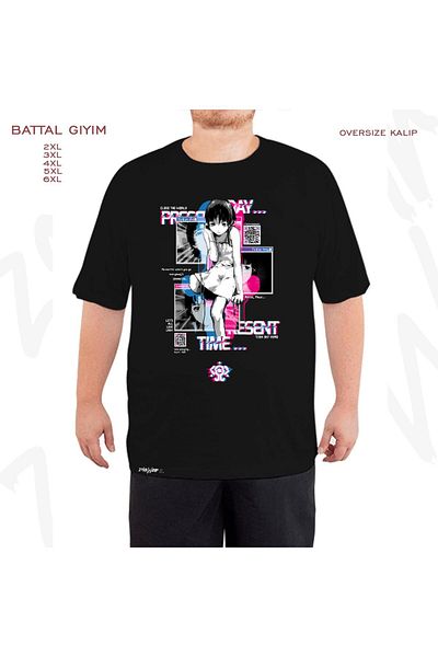 ZOKAWEAR Oversize Qr Lain Windows Printed (Bol) Fit Black T-Shirt