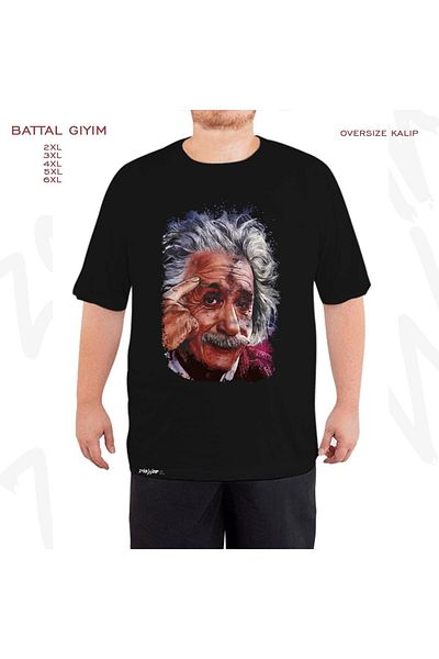 ZOKAWEAR Μαύρο μπλουζάκι μεγάλου μεγέθους Albert Einstein με τυπωμένο σχέδιο Battal (Bol) Mold