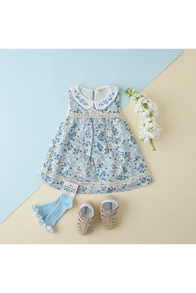 Little Trend Baby Blue Bird and Flower Patterned Baby Collar Embroidered Dress