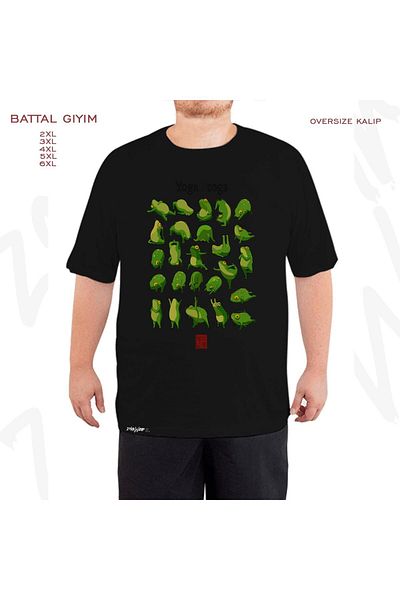 ZOKAWEAR Υπερμεγέθη αφίσα Yoga Frogs με τυπωμένο μαύρο μπλουζάκι Battal (Bol) Mold