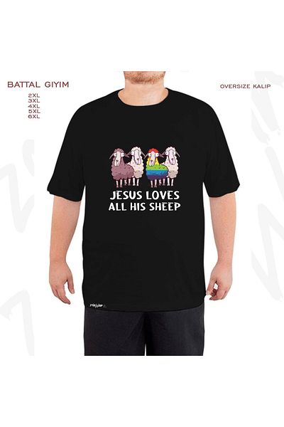 ZOKAWEAR Oversize Jesus Loves All His Sheep Printed Oversize (Bol) Fit Black T-Shirt