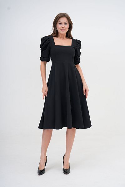 bayansepeti Rochie de seară midi neagră cu guler pătrat - crep elastic, mâneci cu baloane scurte 080