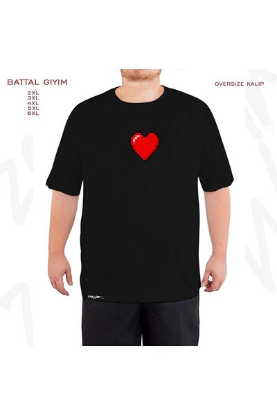 ZOKAWEAR Oversize Pixel Red Heart Printed Battal (Bol) Mold Μαύρο T-Shirt