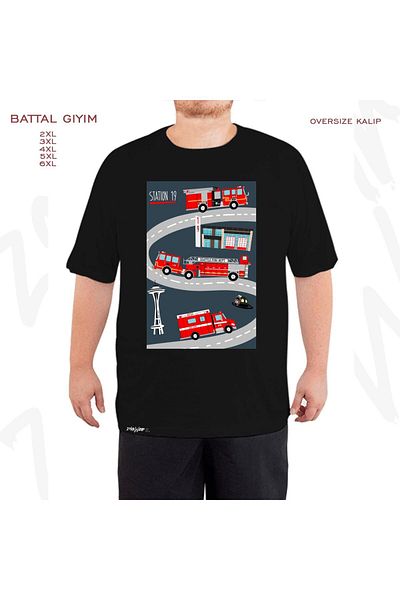 ZOKAWEAR Μαύρο μπλουζάκι Oversize Station 19's Fire Trucks Printed Battal (Bol) Mold