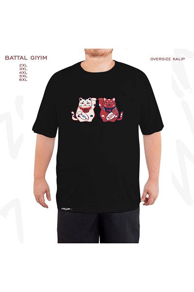 ZOKAWEAR Oversize Maneki Neko Printed Battal (Bol) Mold Μαύρο T-Shirt