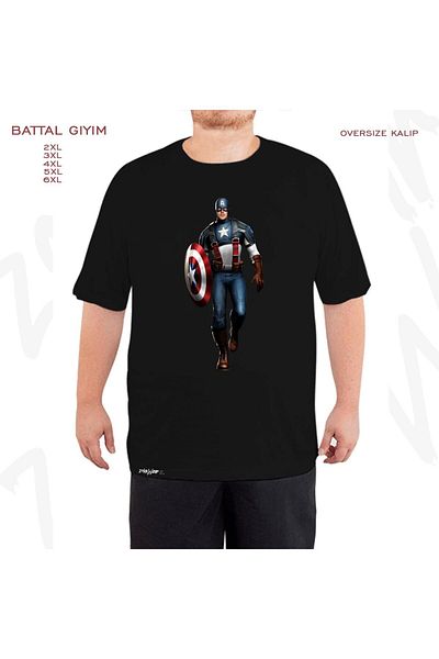 ZOKAWEAR Μαύρο μπλουζάκι Oversize Captain America v2 με στάμπα μεγάλου μεγέθους (Bol)