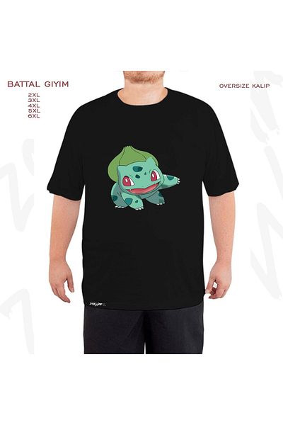 ZOKAWEAR Oversize Balbazar Pokemon Printed Battal (Bol) Mold Μαύρο T-Shirt