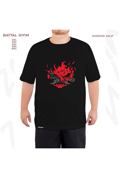 ZOKAWEAR Μαύρο μπλουζάκι μεγάλου μεγέθους Cyberpunk Samurai Printed Battal (Bol) Mold