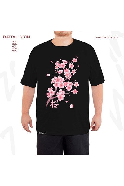 ZOKAWEAR Oversize Sakura Cherry Blossom 2 Printed Oversize (Bol) Fit Black T-Shirt