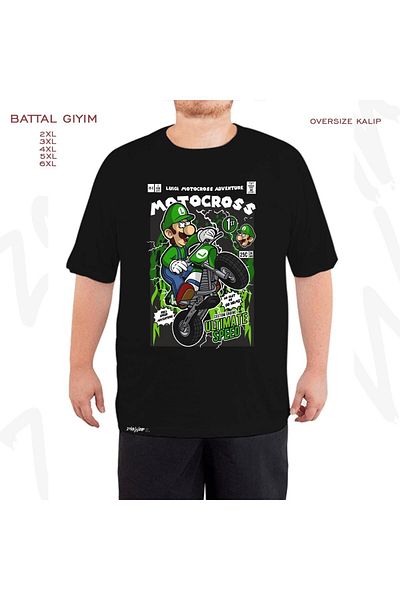 ZOKAWEAR Υπερμεγέθη Luigi Motocross Printed Battal (Bol) Mold Μαύρο T-Shirt