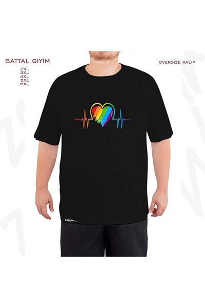 ZOKAWEAR Υπερμεγέθη Rainbow Pulse Πολύχρωμη Καρδιά με στάμπα μεγάλου μεγέθους (Μαύρο μπλουζάκι