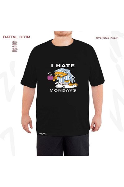 ZOKAWEAR Garfield - I Hate Mondays Coffee Printed Black Oversize T-shirt