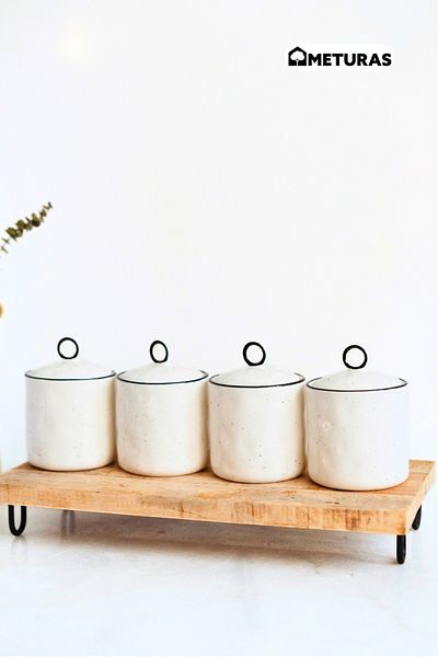Meturas Modern Lina Line Kitchen Silicone Vacuum Lid Porcelain Spice Rack Set 4 Pieces - 400 ml