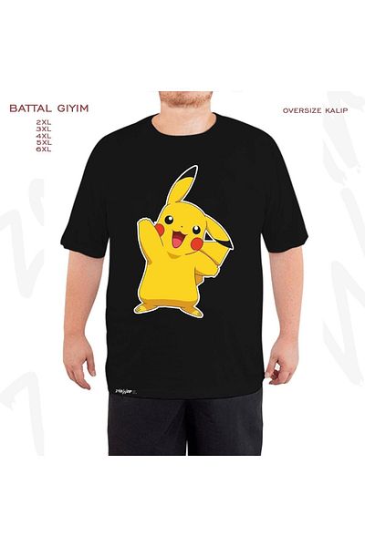 ZOKAWEAR Υπερμεγέθη pokemon pikachu προσαρμοσμένο εμπριμέ μαύρο μπλουζάκι Battal (Bol) Mold
