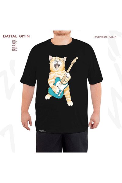 ZOKAWEAR Μαύρο μπλουζάκι Oversize Rock Roll Kitten με στάμπα μεγάλου μεγέθους (Bol)
