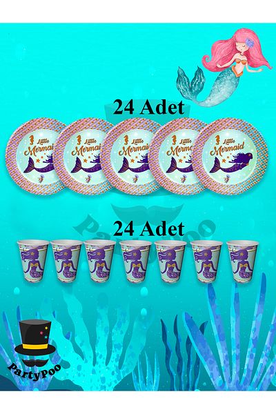 PartyPoo Σετ πιατέλα γενεθλίων με θέμα Γοργόνα Σετ πάρτι γενεθλίων για 24 άτομα