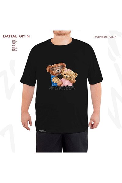 ZOKAWEAR Μαύρο μπλουζάκι μεγάλου μεγέθους tedi Selfie Printed Battal (Bol) Mold