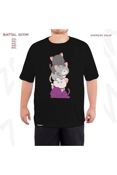 ZOKAWEAR Ace Pride Kawaii Cats Patterned - LGBTQ Asexual Printed Black Oversize T-shirt