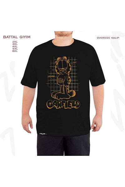 ZOKAWEAR Oversize Garfield Cat Printed Battal (Bol) Μαύρο T-Shirt